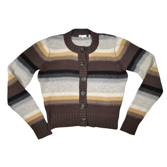 Vince Sweaters - VINCE 100% Cashmere Cardigan Sz.L Brown Striped Buttons Cropped Quite Luxury